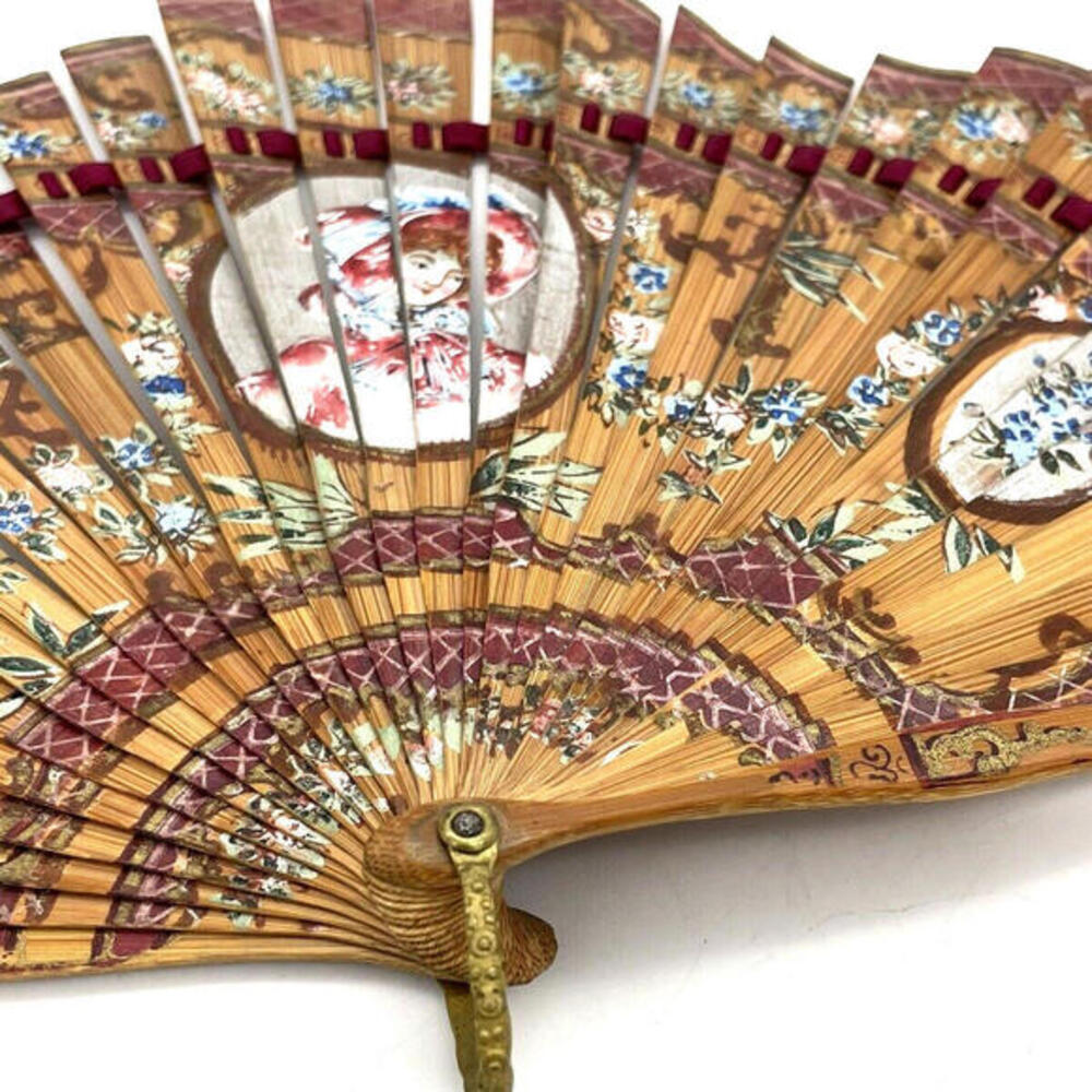 Antique Victorian Era Hand Fan Hand Painted Bamboo Brise 8 Inch Length